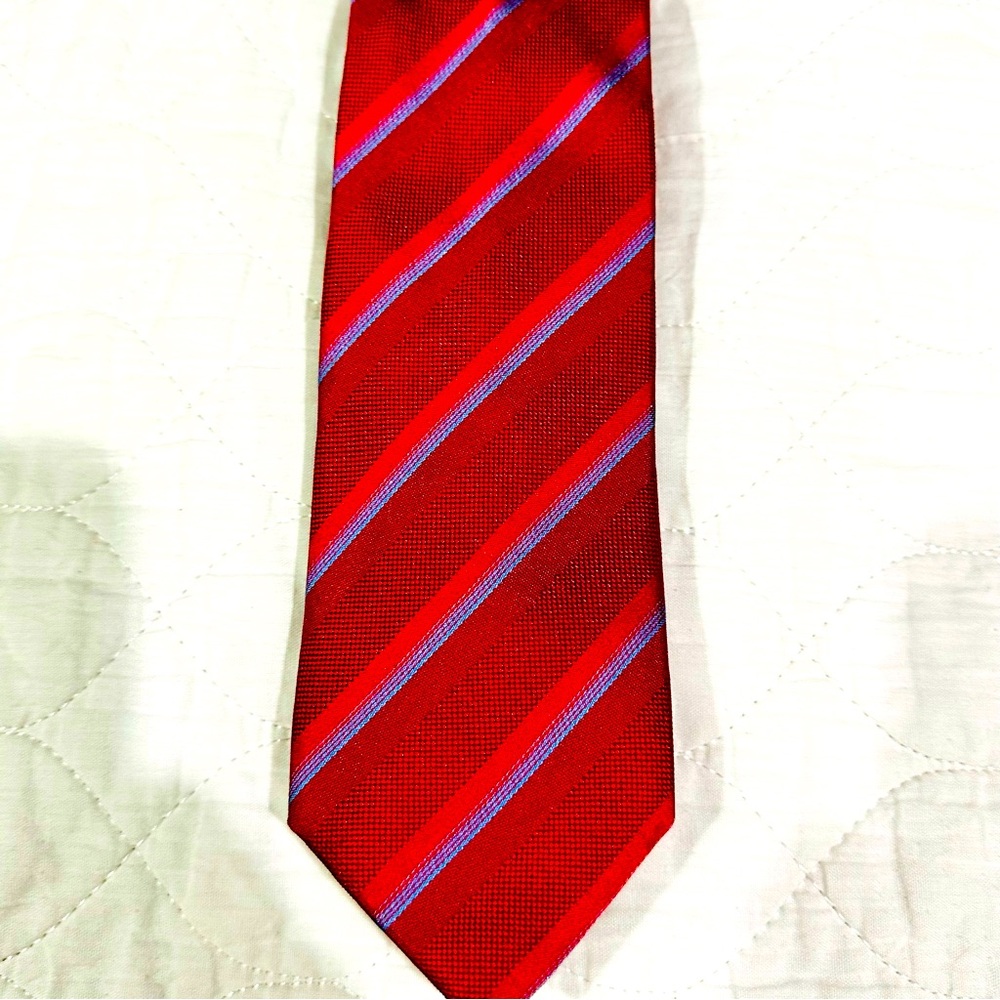 HUGO BOSS 100% Silk, Red and Blue Striped Tie, 3” Width